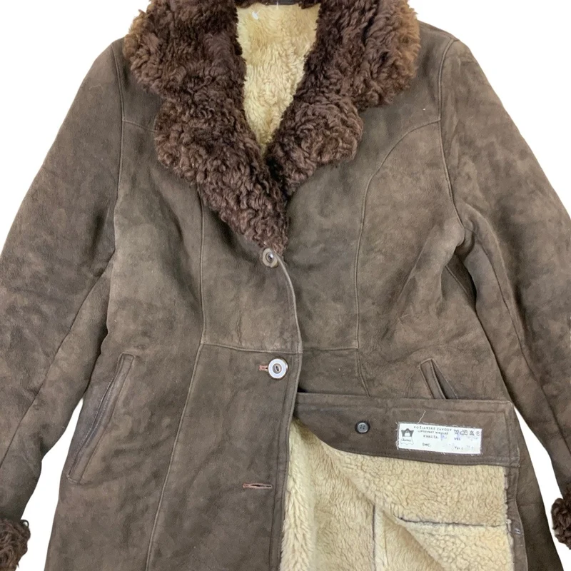 Vintage 1970s Brown Long Shearling Penny Lane Coat Sheepskin Suede Jacket M 12