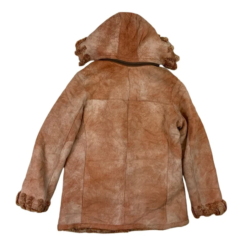 Vtg Shearling Hooded Tan Pink Jacket Sheepskin Suede Coat S M 10-12