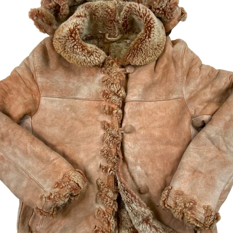 Vtg Shearling Hooded Tan Pink Jacket Sheepskin Suede Coat S M 10-12