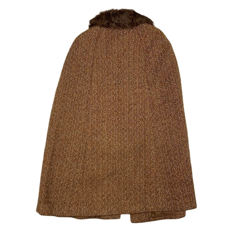 Vintage 60s 70s Faux Fur Collared Wool Tweed Cape 14 16