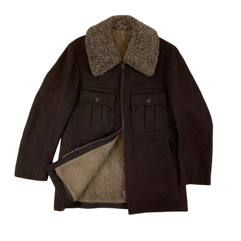 Vintage 70s Mens Brown Wool Faux Fur Lined Hunting Style Jacket L