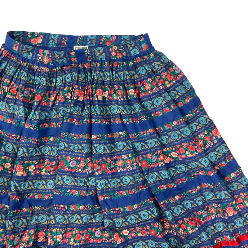 Vintage Blue Floral Print Boho Pleated Midi Skirt 6