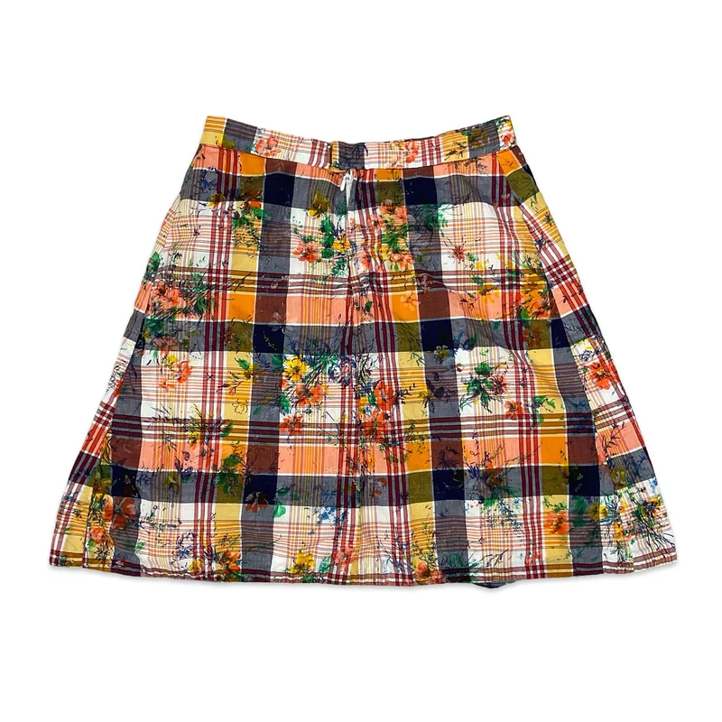 Vintage Orange & Navy Plaid Floral Print Box Pleat Mini Skirt 8