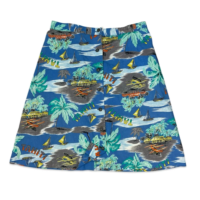 Vintage "Tahiti" Tropical Print Button-up A-line Midi Skirt 18