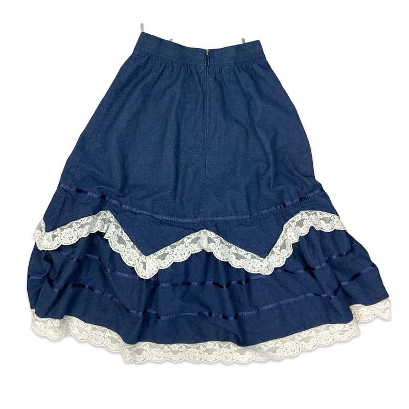Vintage C&A Tiered Blue Denim Maxi Skirt 10