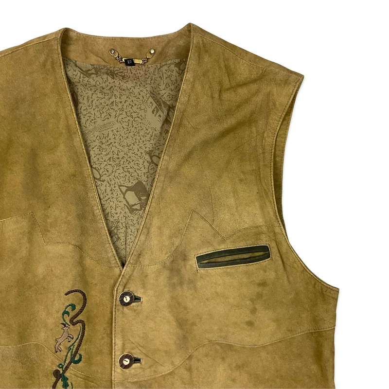 VTG Embroidered Alpine Tirol Style Suede Leather Waistcoat Mens L Womens XL 18