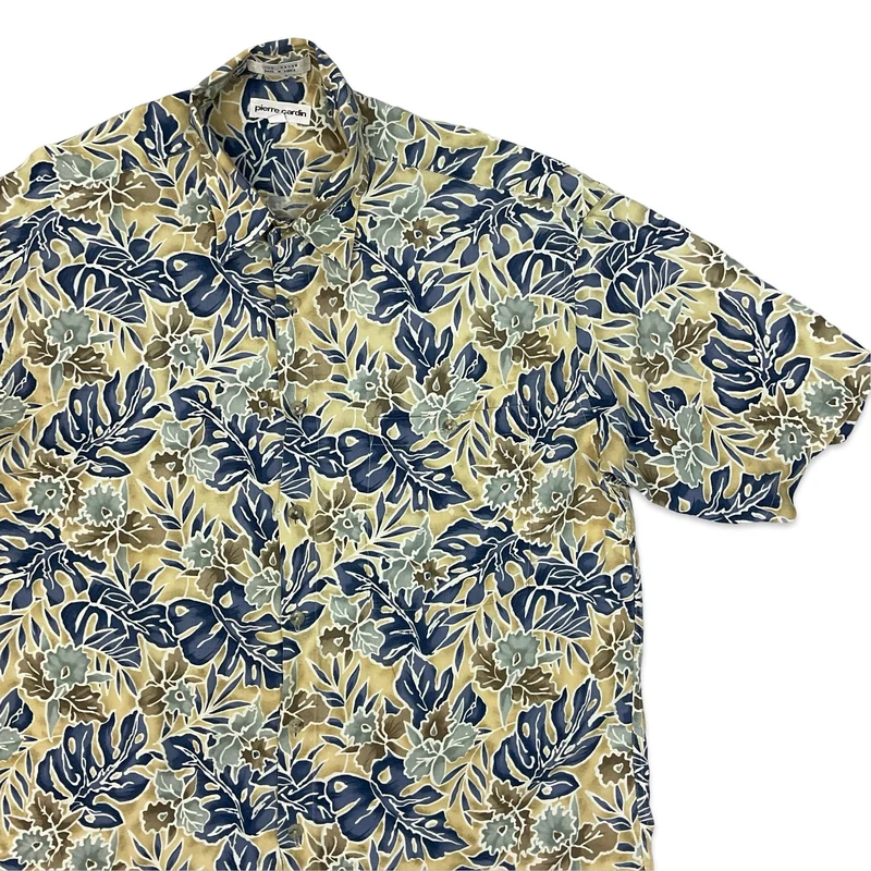 Vintage 1990s/00s Pierre Cardin Yellow & Navy Botanical Print Shirt M L
