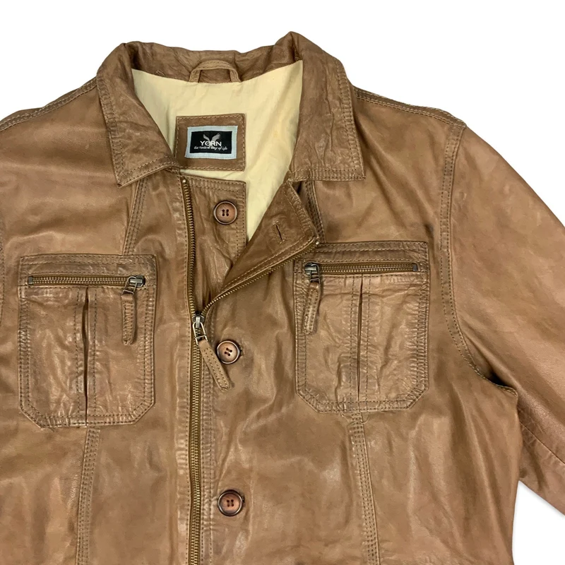 Vtg Y2K Yorn Soft Brown Leather 4 Pocket Jacket M