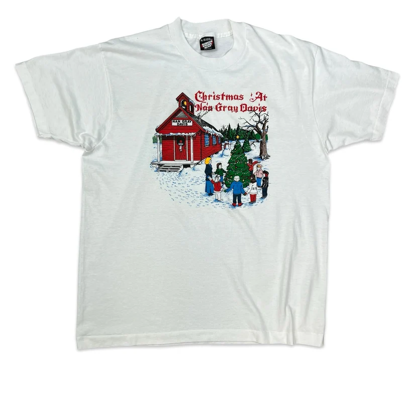 Vintage 90s Screen Stars "Christmas at Nan Gray Davis" White Graphic Tee XL