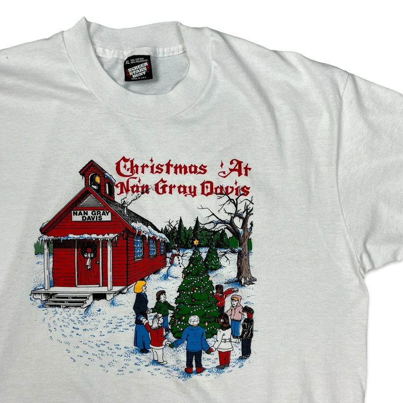 Vintage 90s Screen Stars "Christmas at Nan Gray Davis" White Graphic Tee XL