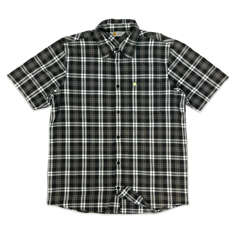 Carhartt Black Grey Checked Plaid Button-Up Short Sleeved Casual Shirt XL