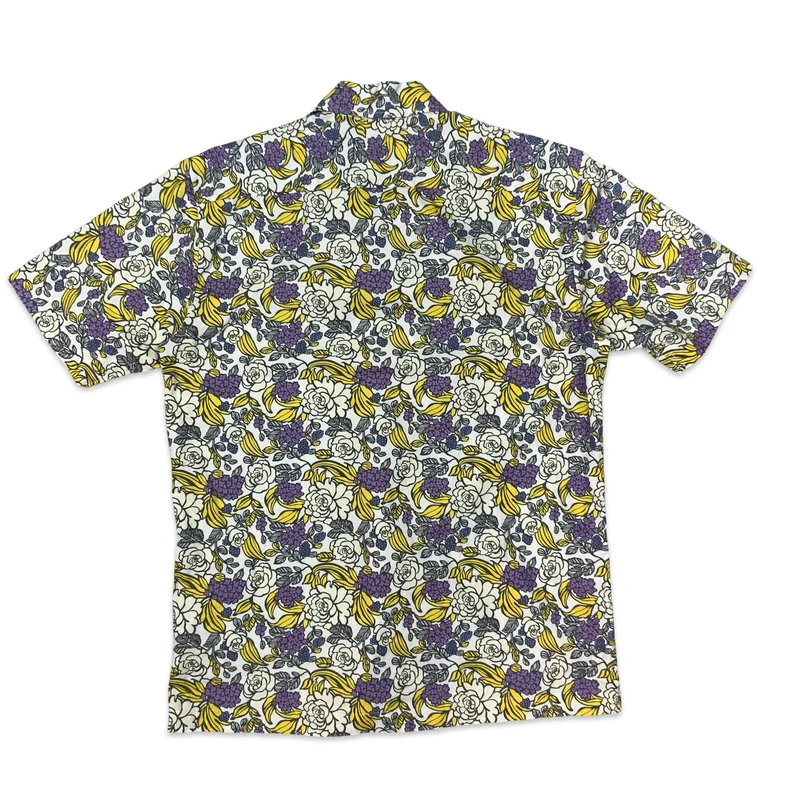 Y2K White Purple & Yellow Botanical Print Aloha Shirt M
