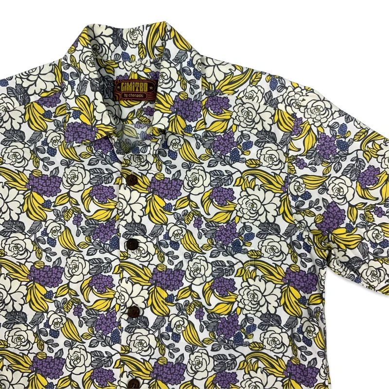 Y2K White Purple & Yellow Botanical Print Aloha Shirt M