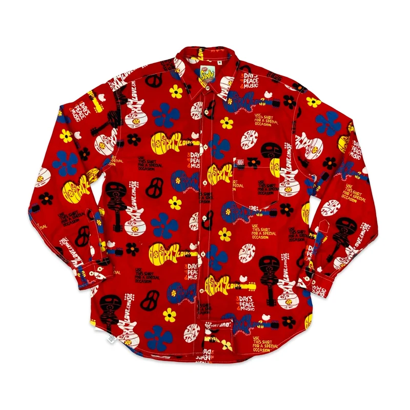 Vintage Sixty 90s-00s Hippie Themed Red Printed Shirt Hippy 1960s L