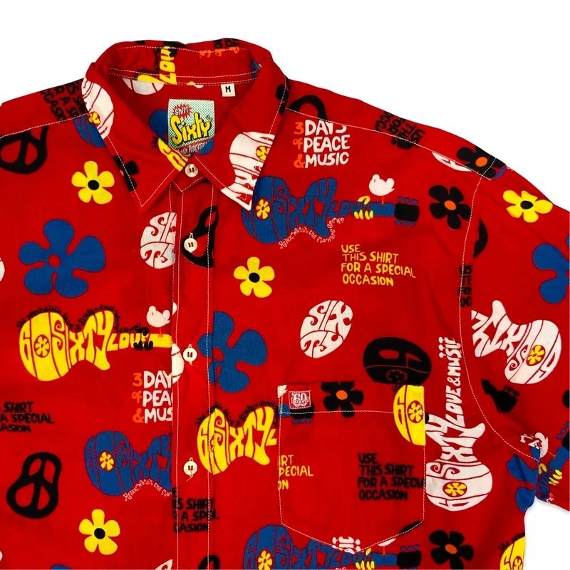 Vintage Sixty 90s-00s Hippie Themed Red Printed Shirt Hippy 1960s L