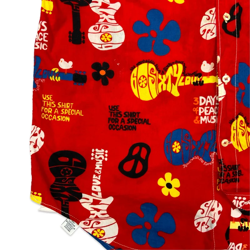 Vintage Sixty 90s-00s Hippie Themed Red Printed Shirt Hippy 1960s L