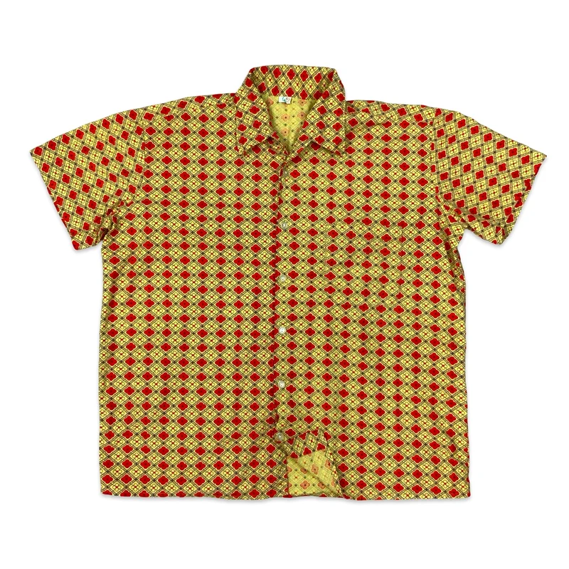 Vintage 70s Yellow & Red Floral Print Short Sleeve Shirt XL
