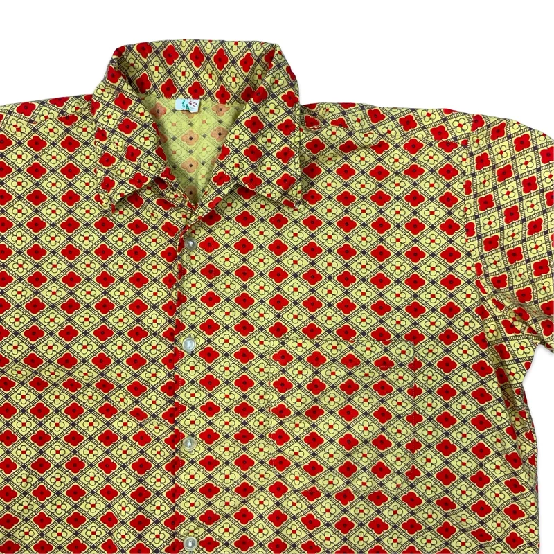 Vintage 70s Yellow & Red Floral Print Short Sleeve Shirt XL