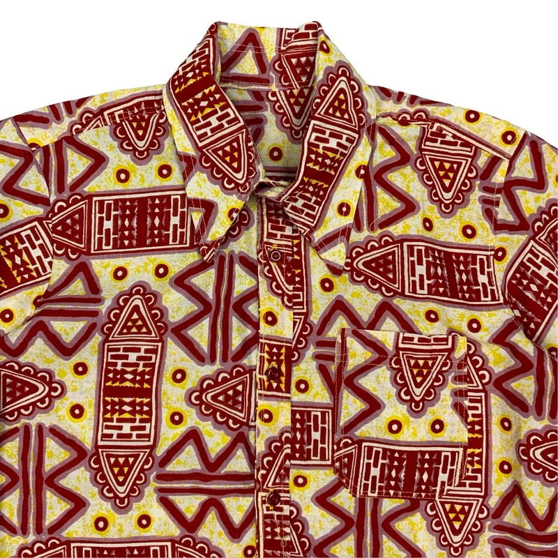 70s Red & Yellow Aztec Print Dagger Collar Shirt M