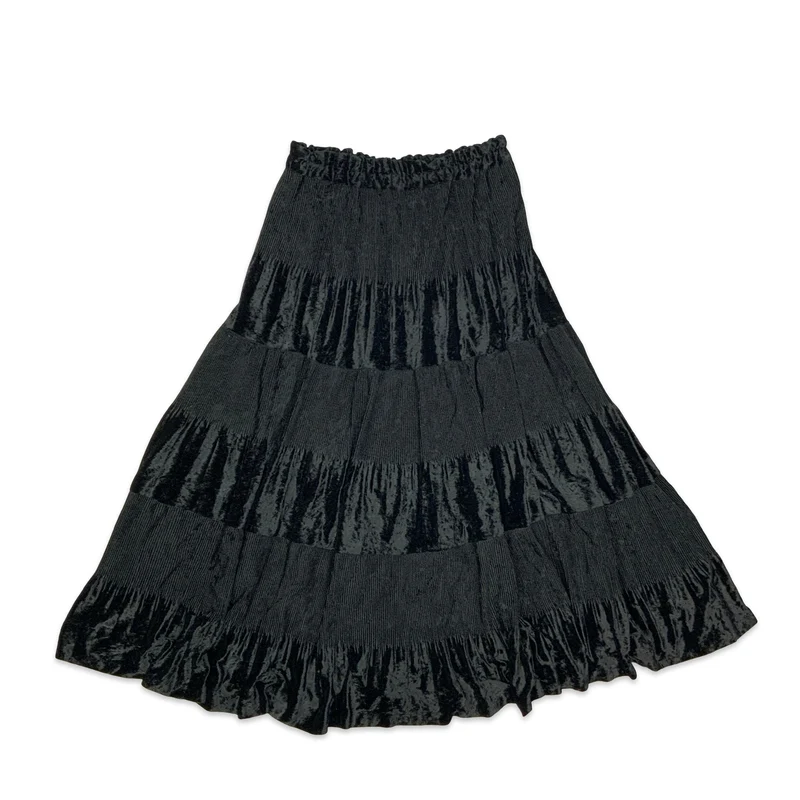90s Black Velvet Tiered Pleated Maxi Skirt 10-18
