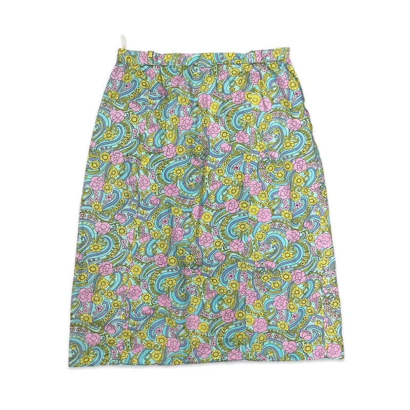 Vintage 70s Pink Yellow & Blue Psychedelic Floral Print A-line Midi Skirt 8