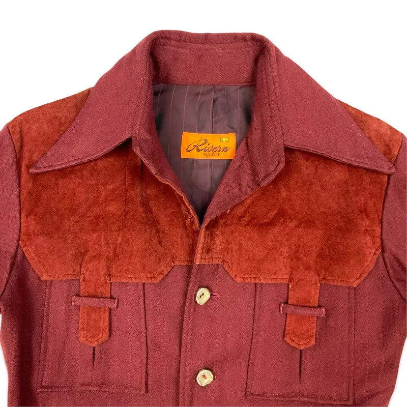 Vtg 70s Burgundy Dagger Collar Western Safari Wool Jacket Medium UK 12