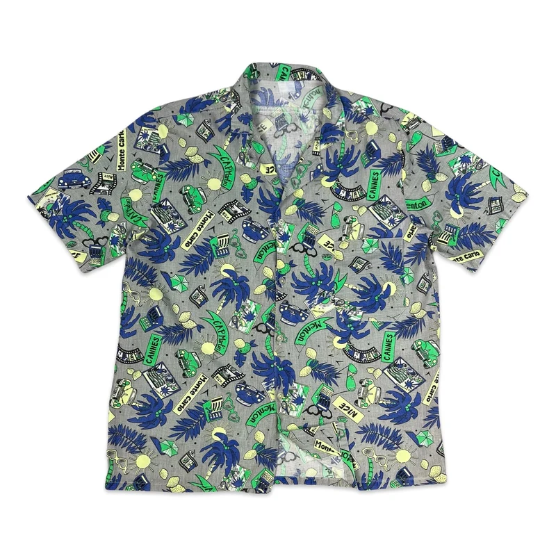 Vtg Ftrench Grey Blue & Green Abstract Beach Theme Print Hawaiian Shirt S