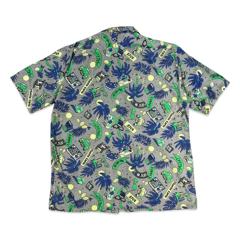 Vtg Ftrench Grey Blue & Green Abstract Beach Theme Print Hawaiian Shirt S