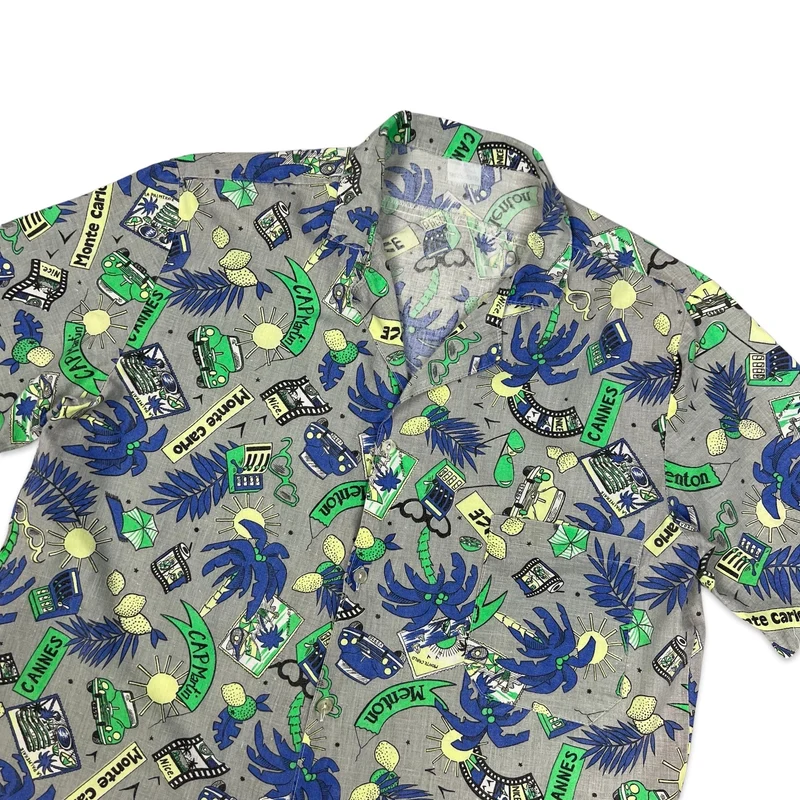 Vtg Ftrench Grey Blue & Green Abstract Beach Theme Print Hawaiian Shirt S