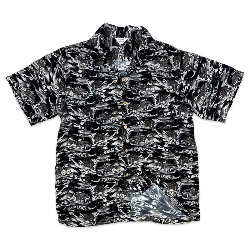 Vintage Y2K Black & White Dragon Print Hawaiian Shirt S M