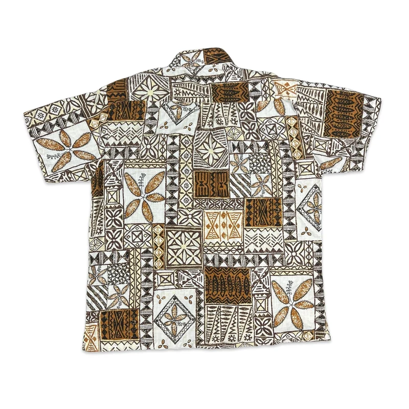 Vintage Y2K White & Brown Abstract Print Hawaiian Shirt XL XXL
