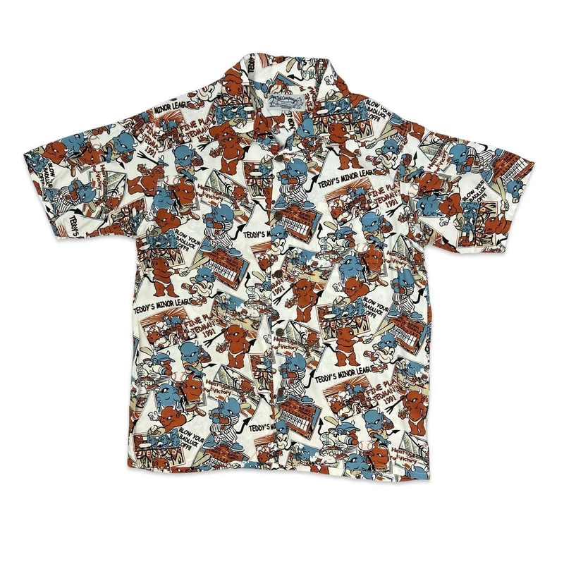 Vintage White Red & Blue Devil Baseball Print Hawaiian Shirt M L