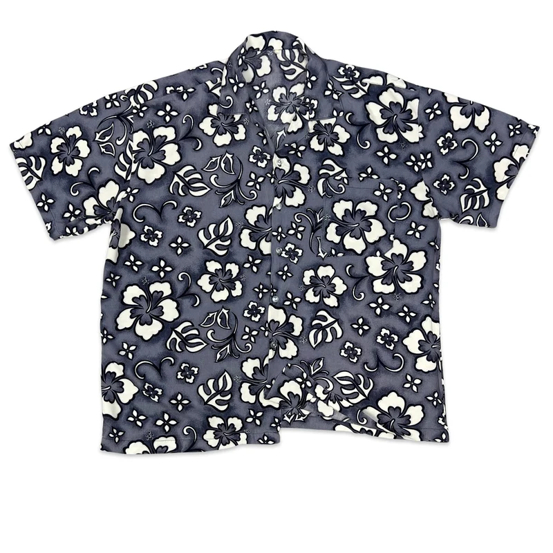 Vintage Grey & White Floral Print Hawaiian Shirt L XL