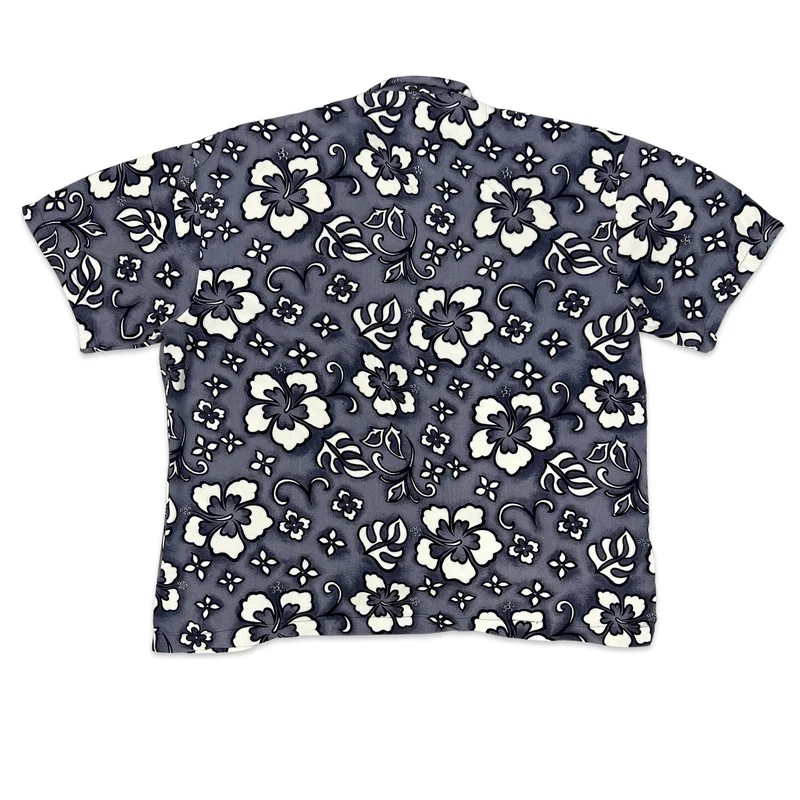 Vintage Grey & White Floral Print Hawaiian Shirt L XL