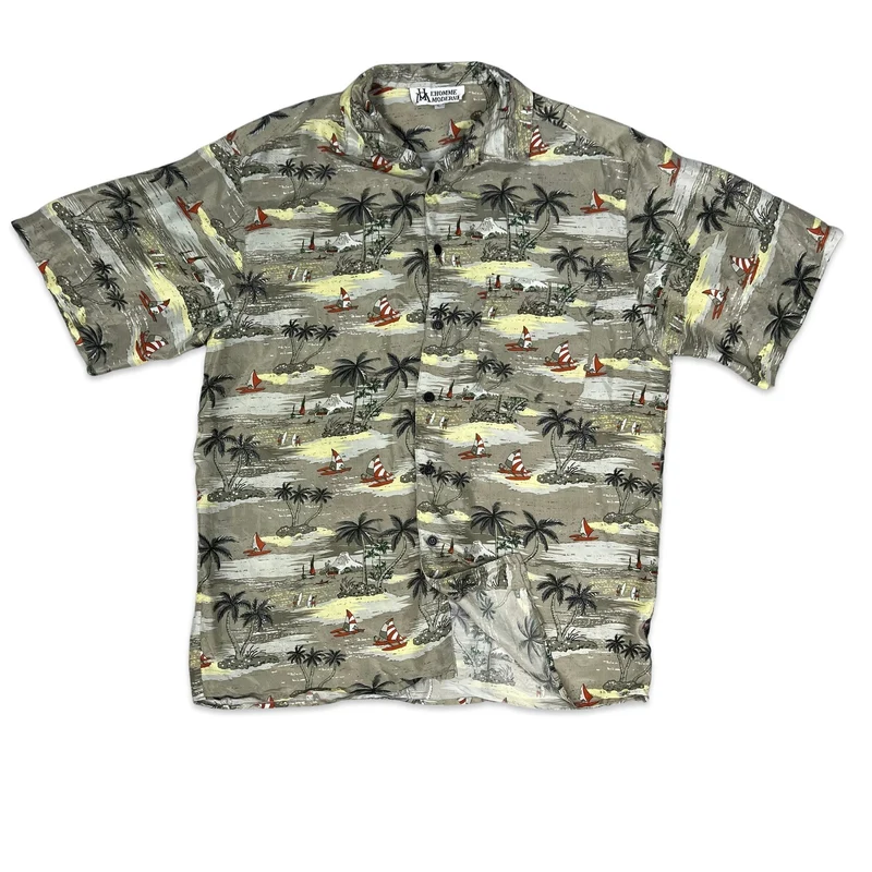 Vintage Beach Catamaran Theme Print Silk Hawaiian Shirt L