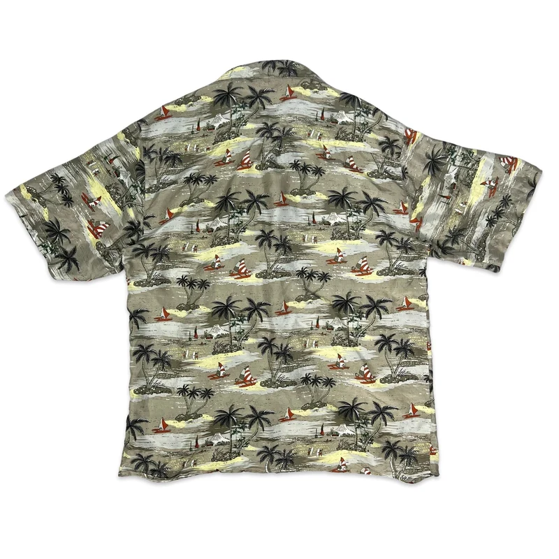 Vintage Beach Catamaran Theme Print Silk Hawaiian Shirt L