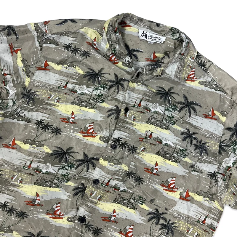 Vintage Beach Catamaran Theme Print Silk Hawaiian Shirt L
