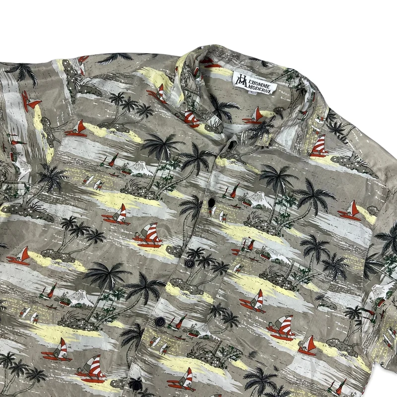 Vintage Beach Catamaran Theme Print Silk Hawaiian Shirt L