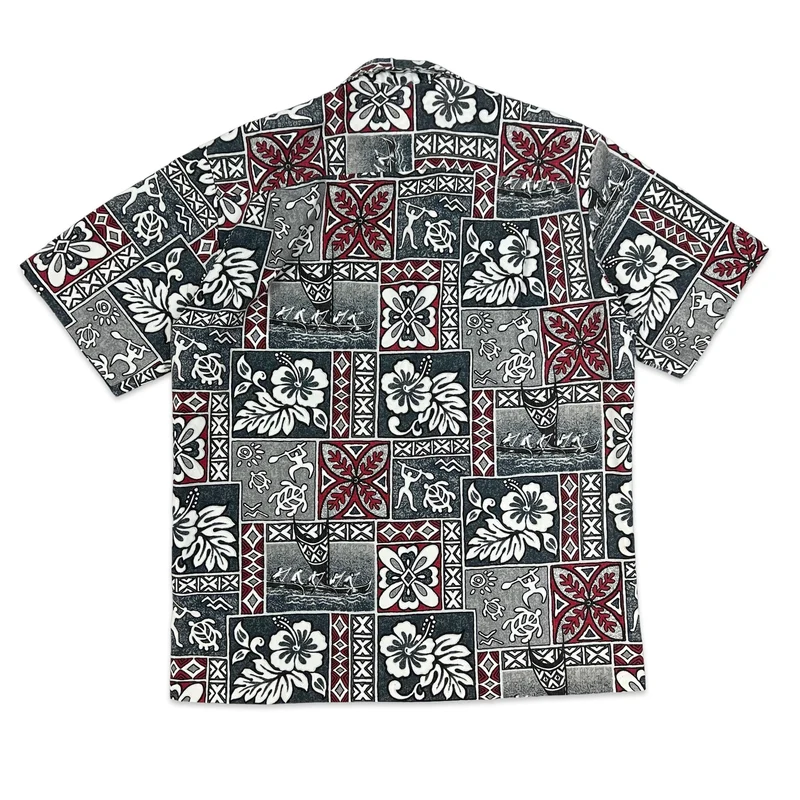 Vintage Grey & Red Made in Hawaii Abstract Print Hawaiian Shirt M L