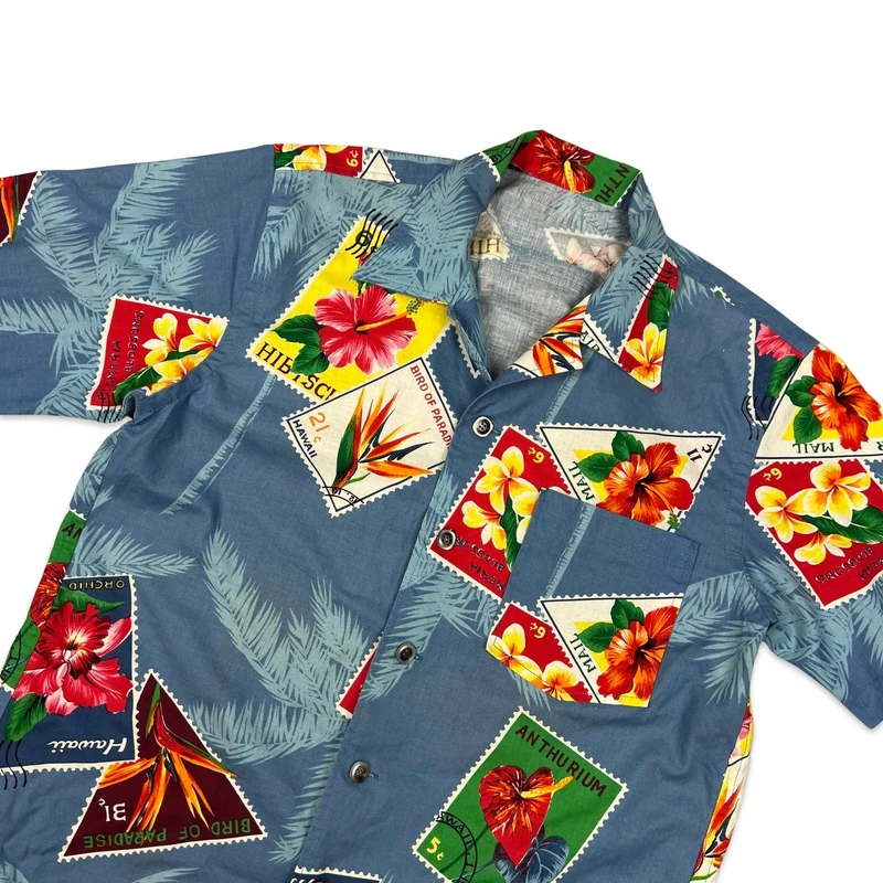 Vintage Stamp Print Blue Hawaiian Shirt S M