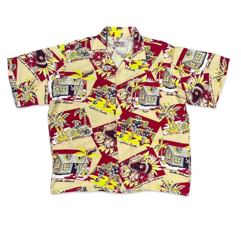 Vintage Santa on Holiday Print Hawaiian Shirt L XL