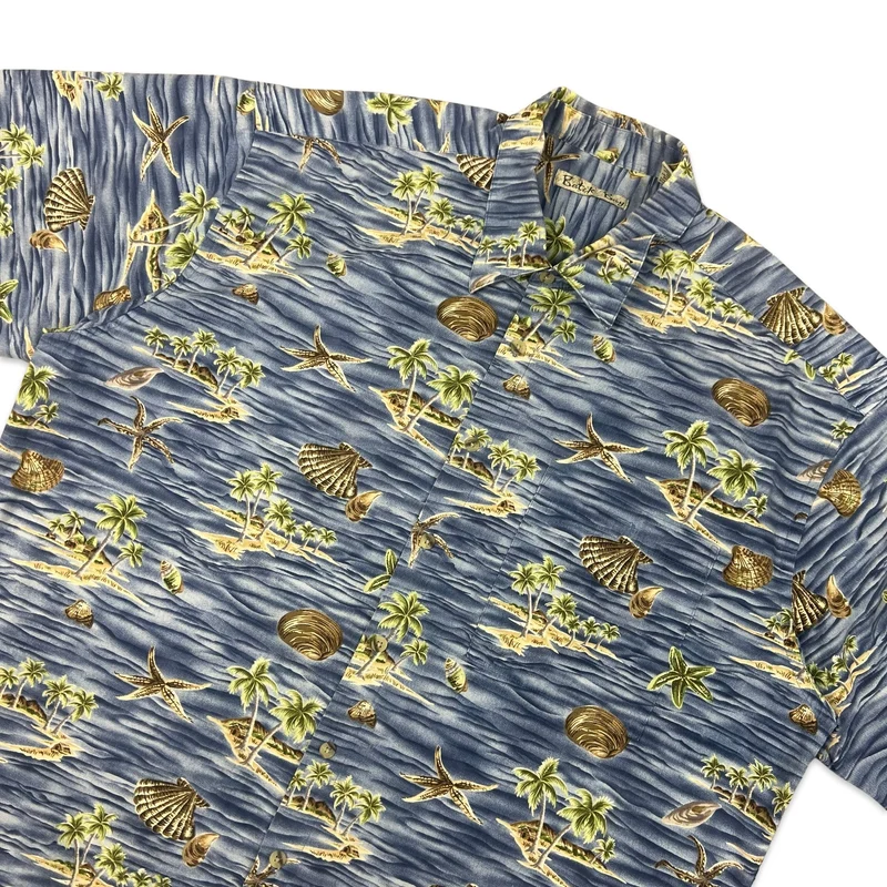 Vintage Island Theme Print Blue Hawaiian Shirt XL XXL