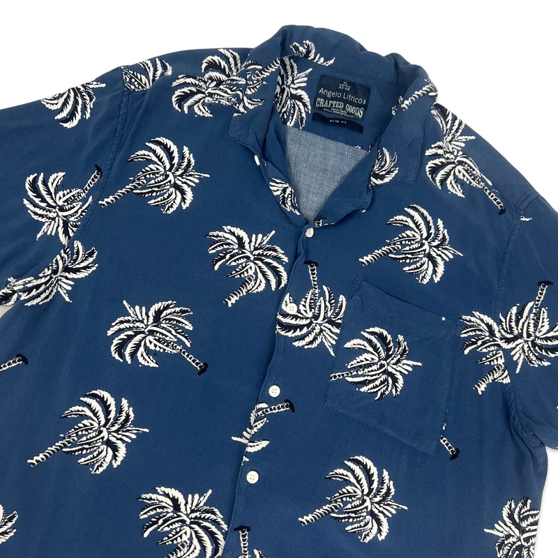 Angelo Litrico Blue Palm Tree Print Shirt L XL