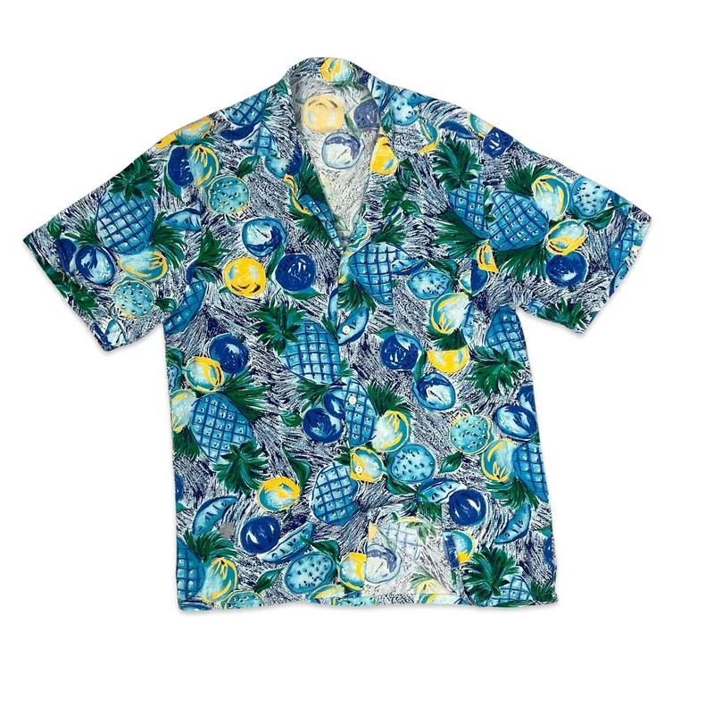 Vintage 80s Blue Pineapple Print Hawaiian Shirt M