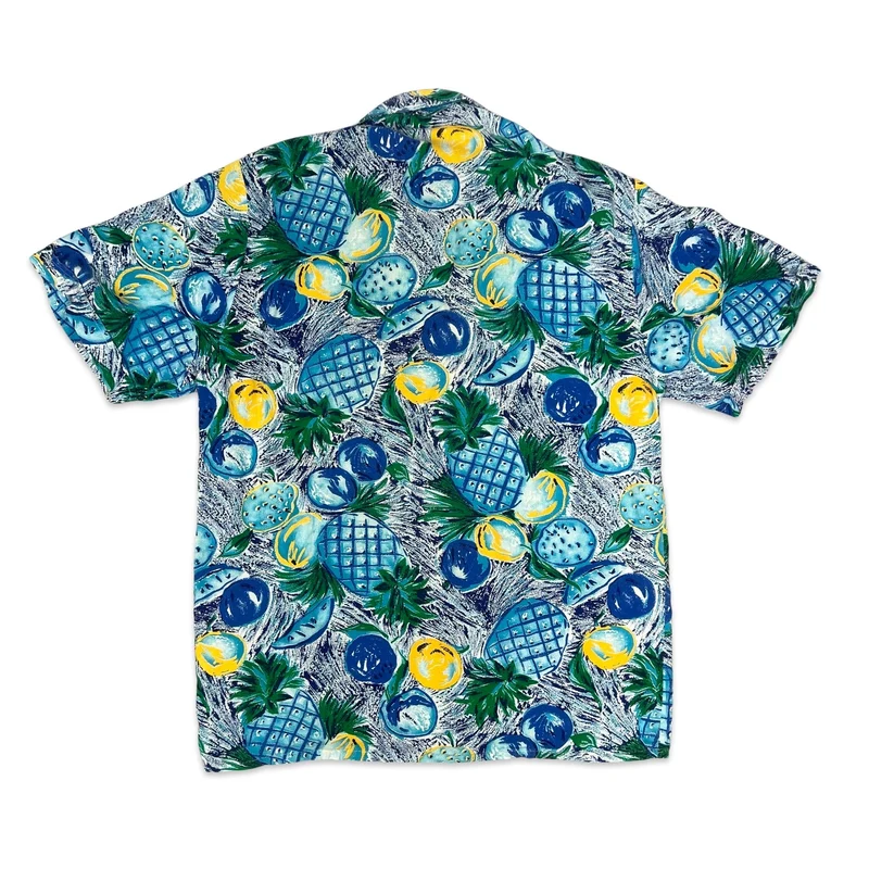 Vintage 80s Blue Pineapple Print Hawaiian Shirt M