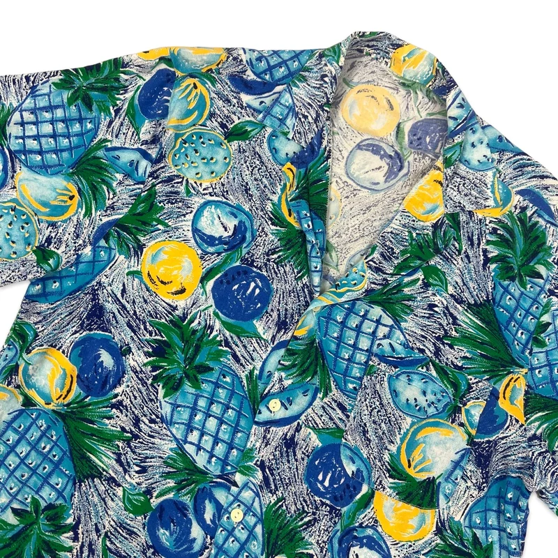 Vintage 80s Blue Pineapple Print Hawaiian Shirt M