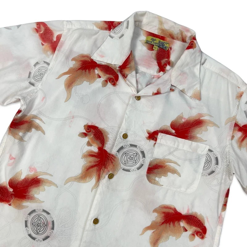 Vintage Y2K White & Orange Koi Fish Print Hawaiian Shirt M L