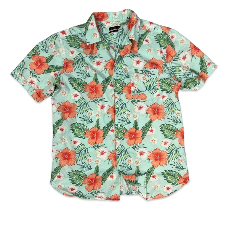 VTG Pierre Cardin Green Blue Pink Floral Print Short Sleeved Hawaiian Shirt XL