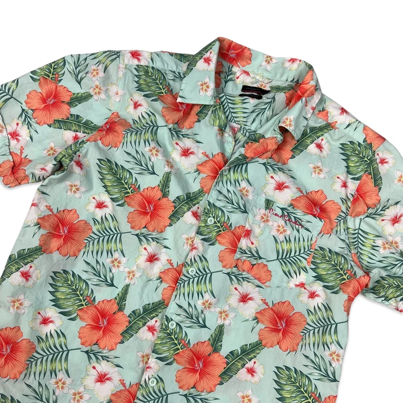 VTG Pierre Cardin Green Blue Pink Floral Print Short Sleeved Hawaiian Shirt XL