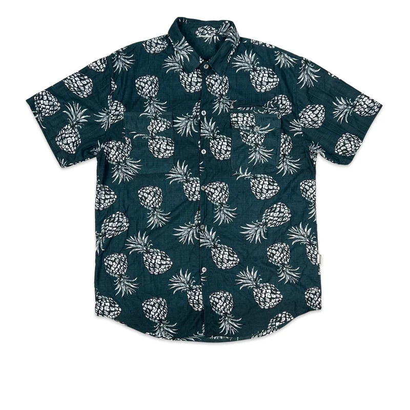 Vintage Dark Teal Pineapple Print Short Sleeve Shirt XXL